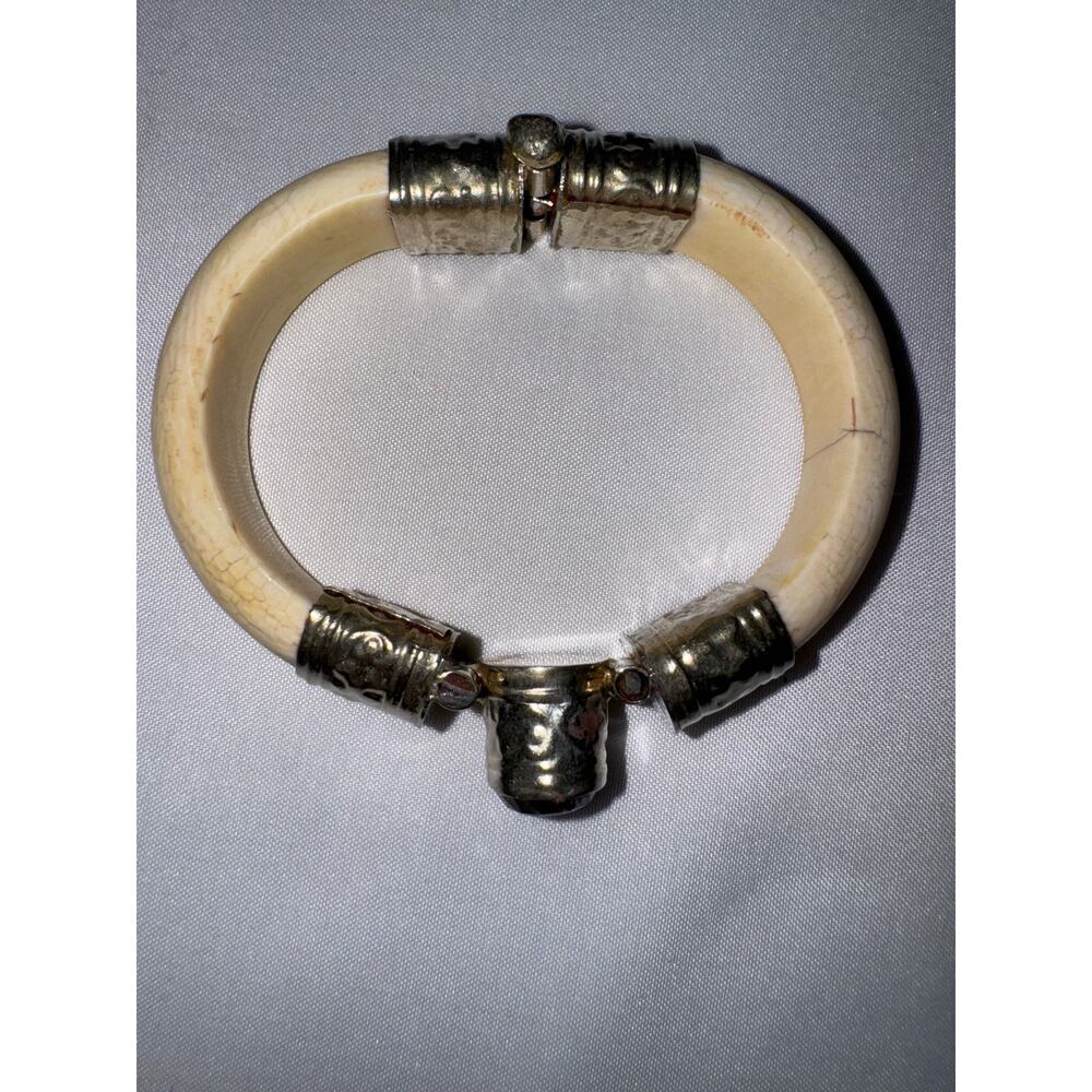 Mid-Century Carved Bone // Faux Ivory Cuff //Amethyst Bracelet - Picture 2 of 8